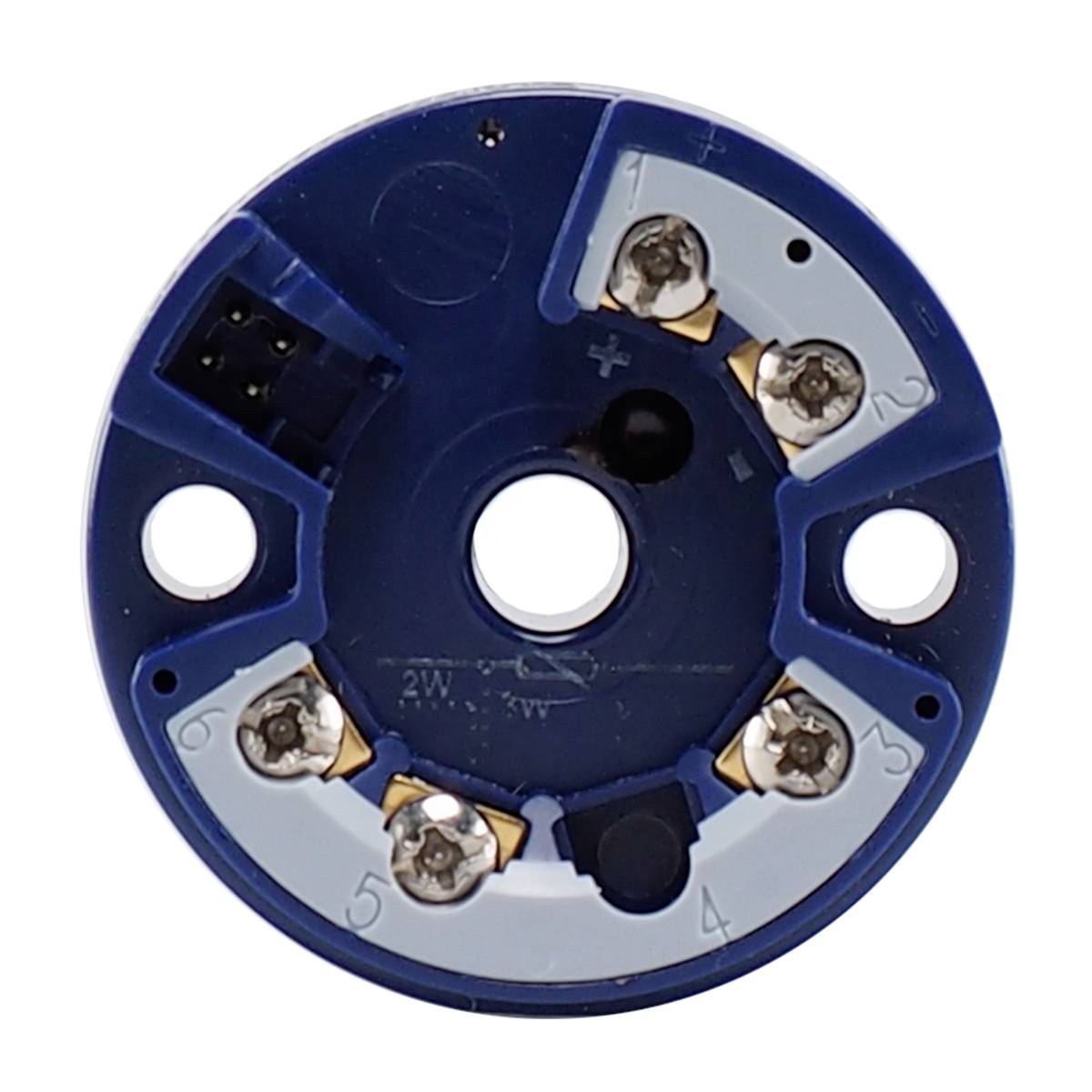 Eine blaue, runde elektrische Steckverbindung mit nummerierten Schraubklemmen von 1 bis 6 und zusätzlichen Plus- und Minusmarkierungen.