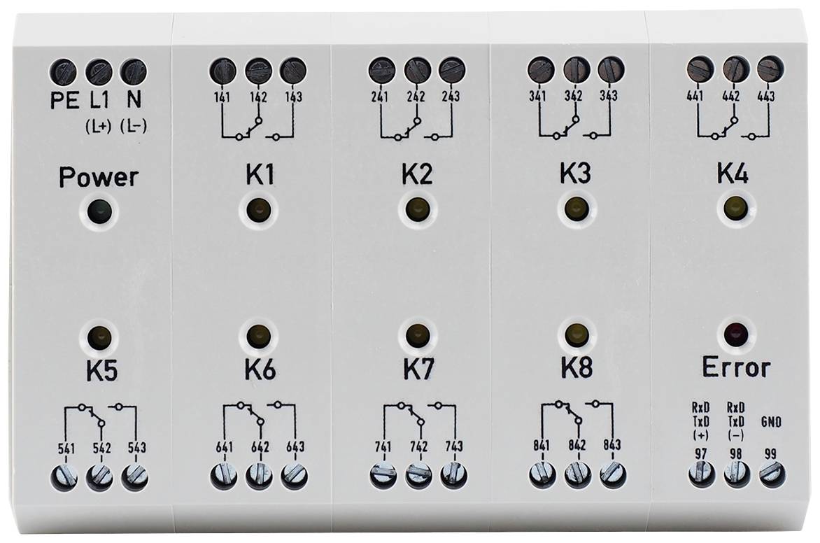 Elektronisches Steuergerät mit neun Kontrollleuchten, beschriftet mit 'Power', 'K1' bis 'K8', und 'Error'. Schaltpläne darunter.