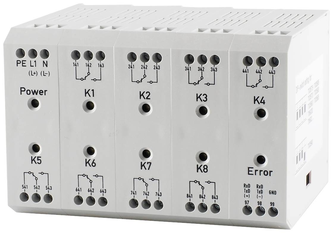 Ein weißes Elektronikmodul mit acht Steckplätzen, beschriftet als 'Power', 'K1' bis 'K7', und 'Error'. Symbole unter jedem Steckplatz.