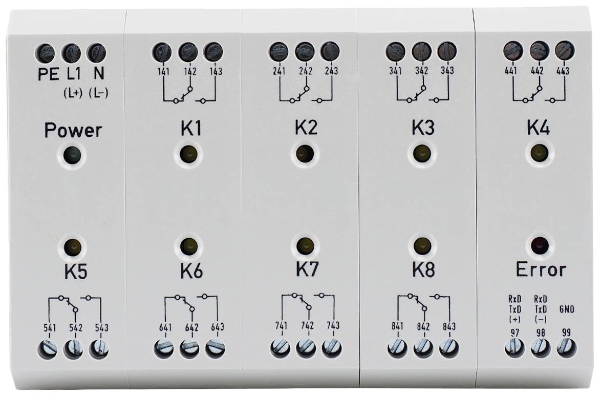 Ein elektrisches Schaltschrankmodul mit Beschriftungen: 'Power', 'K1' bis 'K8', 'Error' und Symbole für Schaltzustände und elektrische Verbindungen.