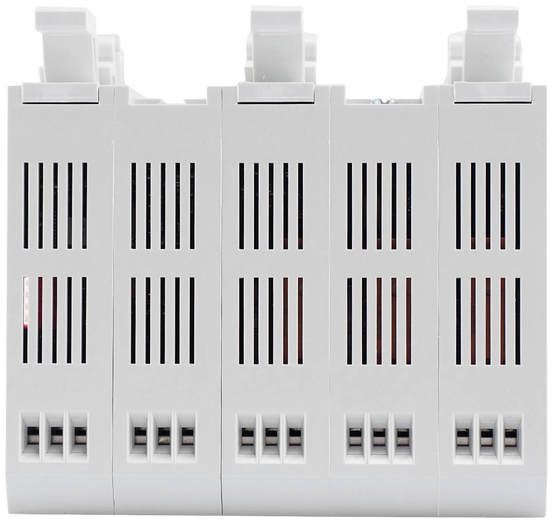 Ein weißes elektronisches Gerät mit mehreren Lüftungsschlitzen auf der Vorderseite, das zur elektrischen Verkabelung verwendet wird.