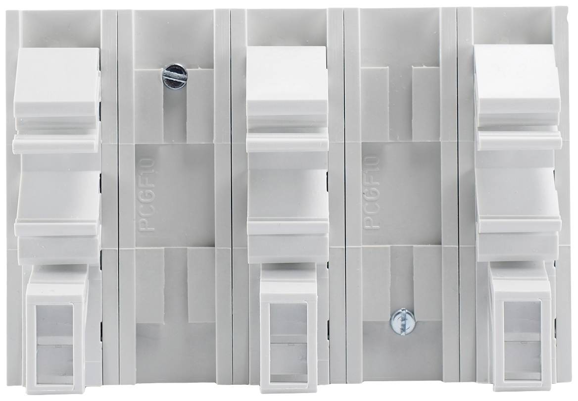 Grauer, rechteckiger elektrischer Sicherungsblock mit vier Schaltern und zwei sichtbaren Schrauben. Schalthebel in senkrechter Position.