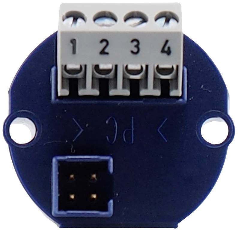 Ein blauer runder Stecker mit vier nummerierten Klemmen (1-4) oben und einem vierpoligen Anschluss unten. Geeignet für elektronische Verbindungen.