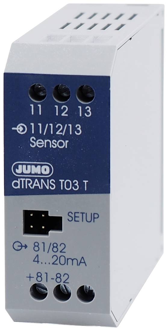 Ein Jumo dTRANS T03 T Sensor für industrielle Anwendungen, zeigt Anschlüsse und den Messbereich von 4–20 mA auf der Vorderseite.