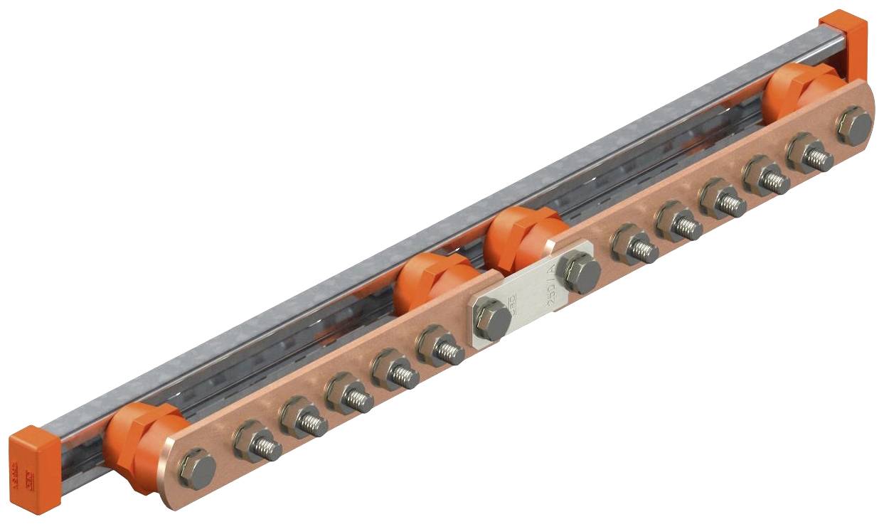 Ein Metallteil mit mehreren orangefarbenen Befestigungen und Schrauben, befestigt an einer Schiene. Dient zur Verbindung oder Montage.