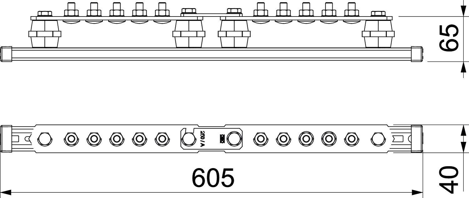 Technische Zeichnung eines elektronischen Bauteils mit Maßen: Länge 605 mm, Höhe 65 mm, Breite 40 mm. Obere und seitliche Ansicht.