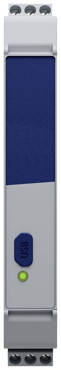 Ein schmaler, rechteckiger elektrischer Schaltkasten mit blauer Frontplatte, grüner LED-Anzeige und Mehrfachanschlüssen oben und unten.