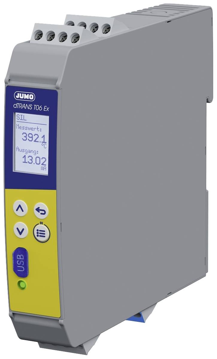Ein graues JUMO dTRANS T06 Ex Gerät mit Display. Zeigt Messwert: 392,1, Ausgang: 13,02. Tasten für Navigation und USB-Anschluss sichtbar.