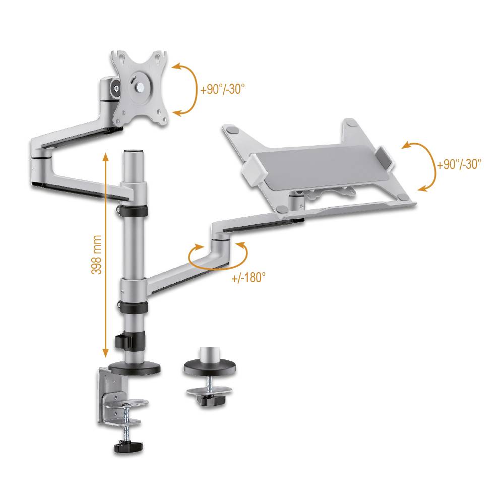 Verstellbare Monitorhalterung mit zwei Armen, ermöglicht Schwenken von +90° bis -90°, Neigung von +90° bis -30° und 180° Drehung. Ideal für flexible Arbeitsumgebungen.