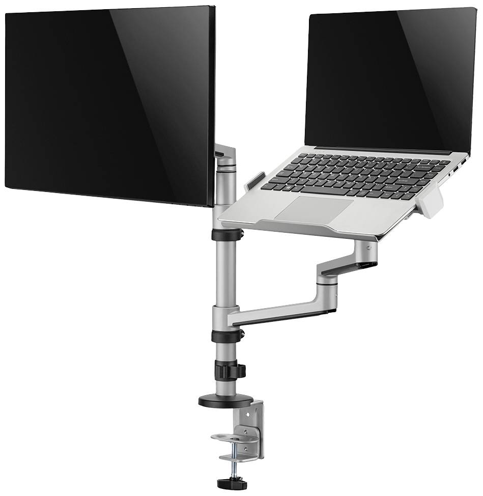 Ein doppelter Monitorarm mit Halterungen: links ein Monitor, rechts ein Laptop. Befestigt an einem Schreibtisch für optimale Ergonomie.