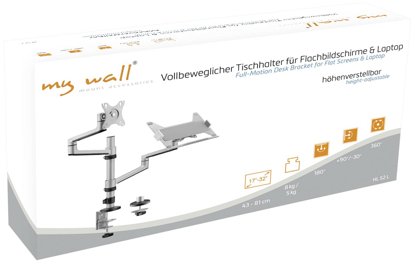 'My Wall' vollbeweglicher Tischhalter für Flachbildschirme und Laptops. Höhenverstellbar, geeignet für 17"-32", max. 8 kg.