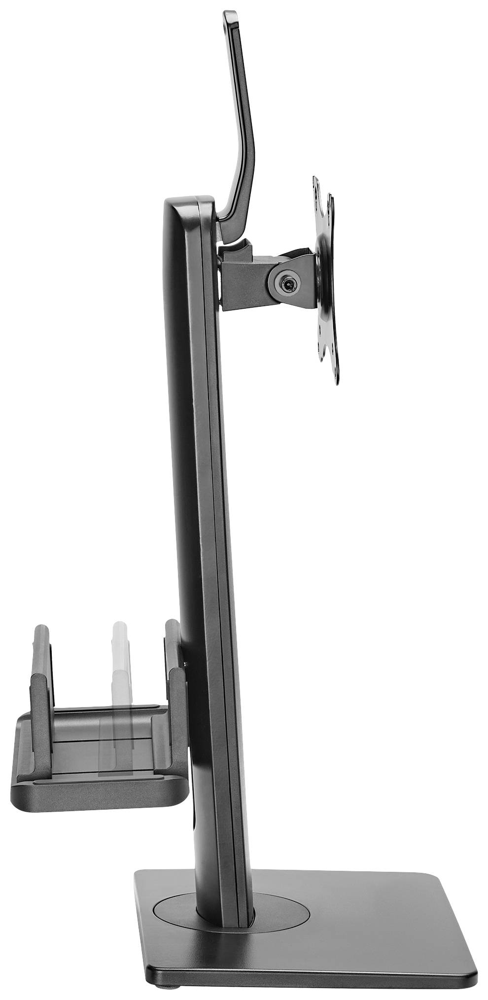 Seitenansicht eines schwarzen Monitorständers mit schwenkbarer Halterung und kleiner Ablage auf der Rückseite.