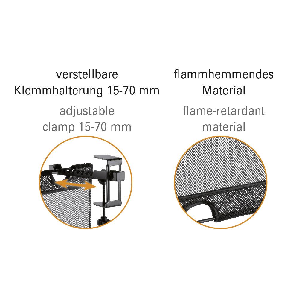 'Verstellbare Klemmhalterung 15-70 mm' und 'Flammhemmendes Material' mit Abbildungen einer Klemme und eines Netzmaterials.