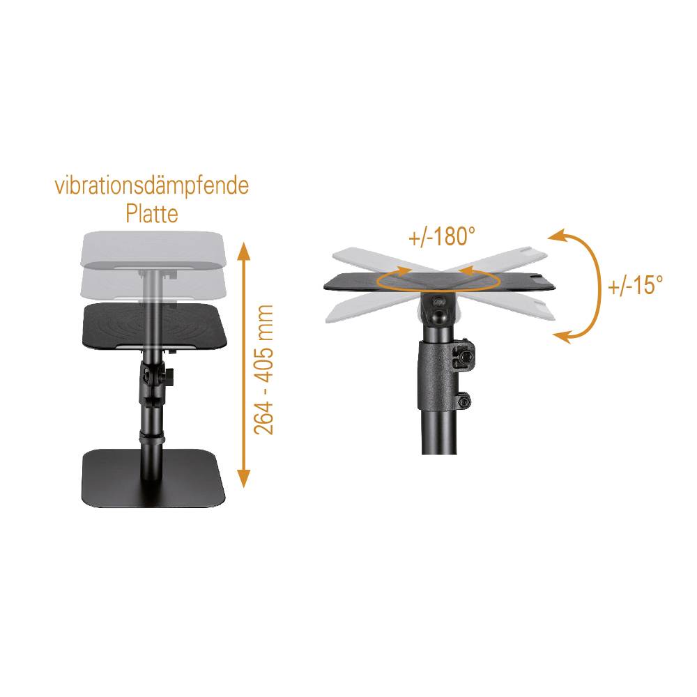 Verstellbare vibrationsdämpfende Platte mit Höhenbereich von 264-405 mm, Schwenkbereich von +/-180° und Neigungsbereich von +/-15°.