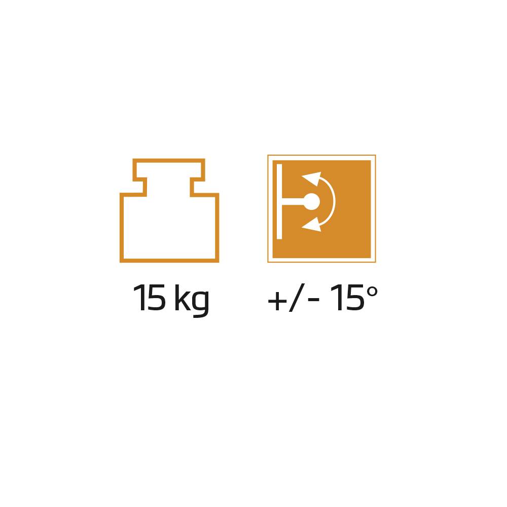 Abbildung zeigt ein Gewichtssymbol mit '15 kg' und ein Winkelsymbol mit '+/- 15°' darunter.