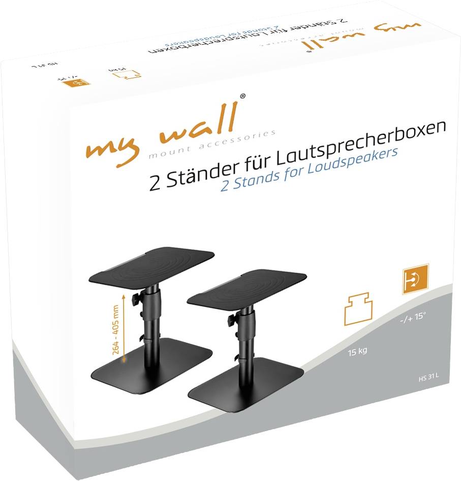 Zwei schwarze Lautsprecherständer, verstellbar in Höhe, bis 15 kg belastbar. Verpackung mit Produktbild und Markenlogo 'my wall'.