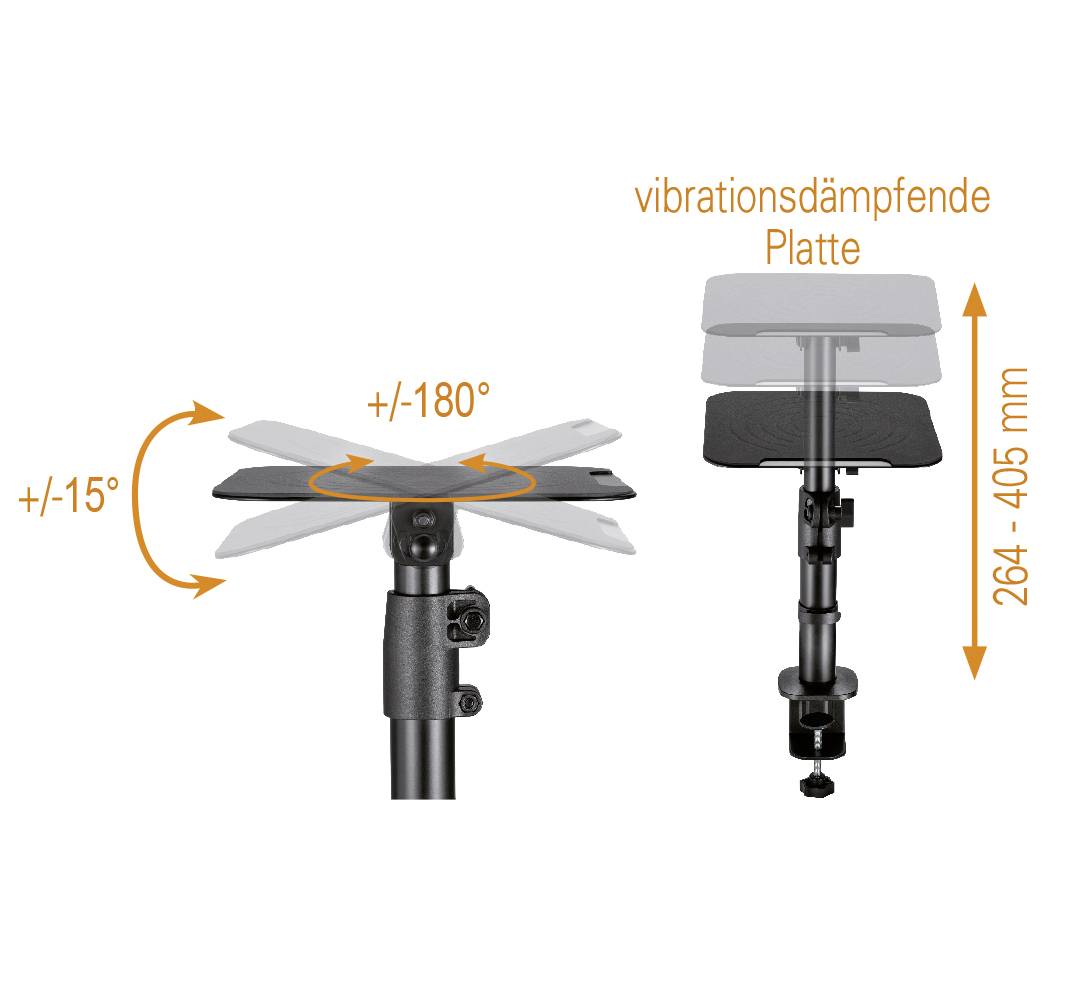 'Vibrationsdämpfende Platte' mit drehbarer Oberfläche um ±180° und Neigung ±15°. Höhenverstellbar zwischen 264 und 405 mm.