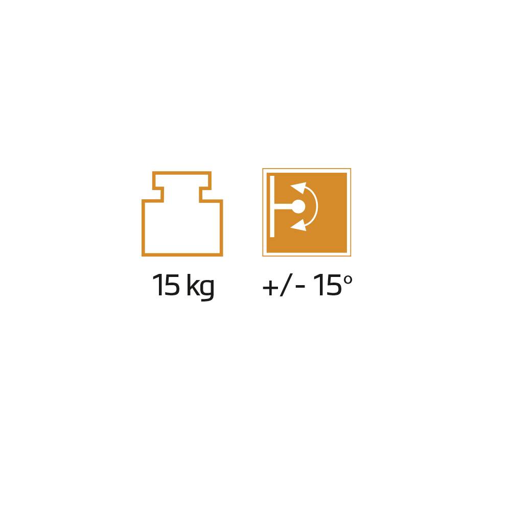 Das Bild zeigt zwei Symbole: links ein Gewichtssymbol mit der Aufschrift 15 kg, rechts ein Pfeilsymbol mit der Aufschrift +/- 15°.
