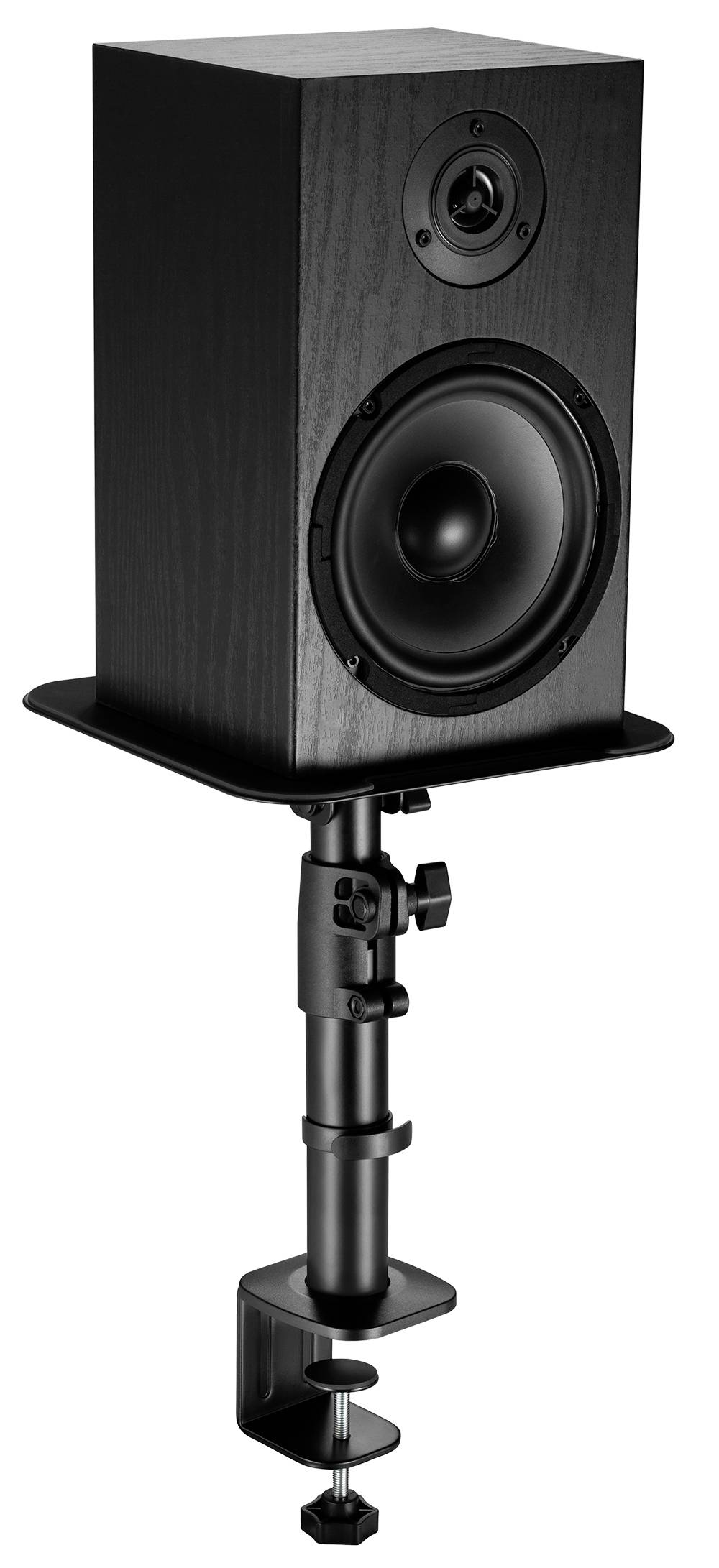 Ein schwarzer Lautsprecher ist auf einem höhenverstellbaren Tischständer montiert. Der Ständer hat eine Klemmvorrichtung zur Befestigung.