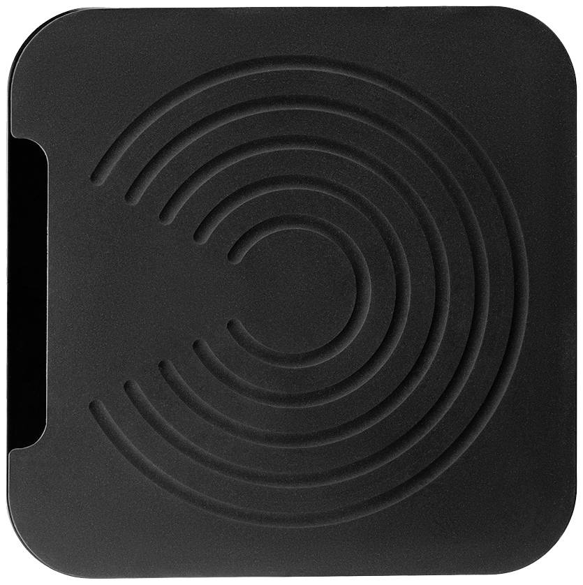 Schwarze quadratische Oberfläche mit kreisförmigem Muster in der Mitte.