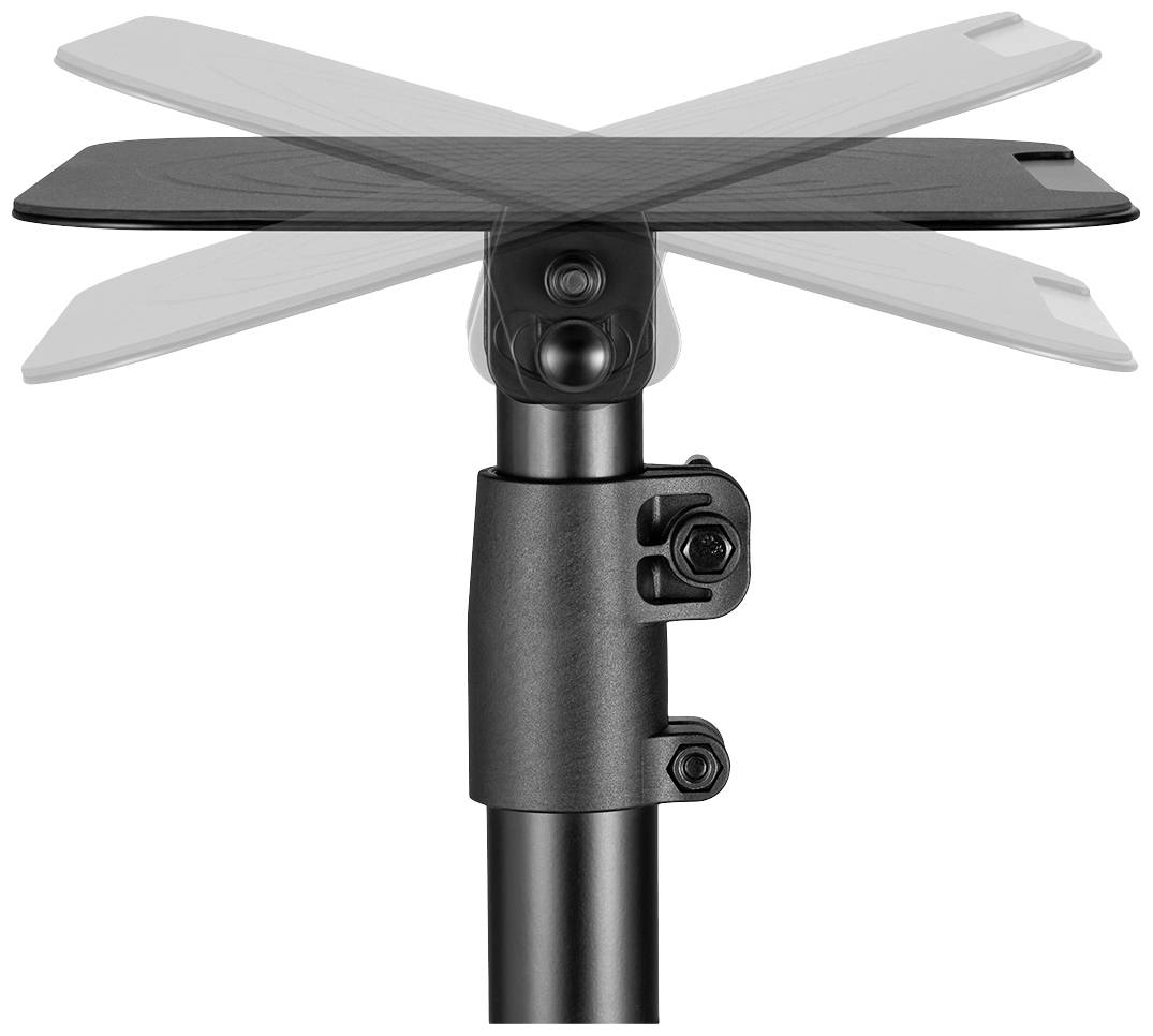 Ein drehbarer Tablet-Ständer mit schwarzer Halterung zeigt eine 360-Grad-Rotationsfunktion. Geeignet für Präsentationen und flexible Nutzung.