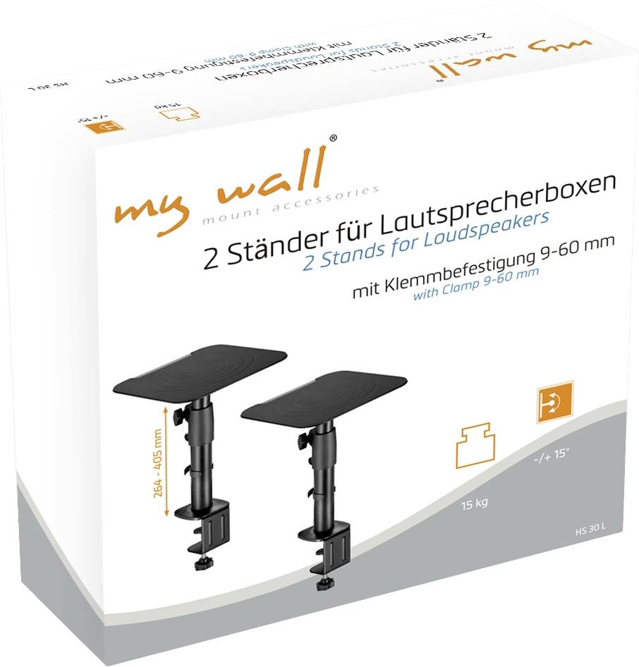 Zwei schwarze Lautsprecherständer mit Klemmbefestigung, geeignet für Lautsprecher mit 9-60 mm Breite. Verpackung zeigt Produktbild.