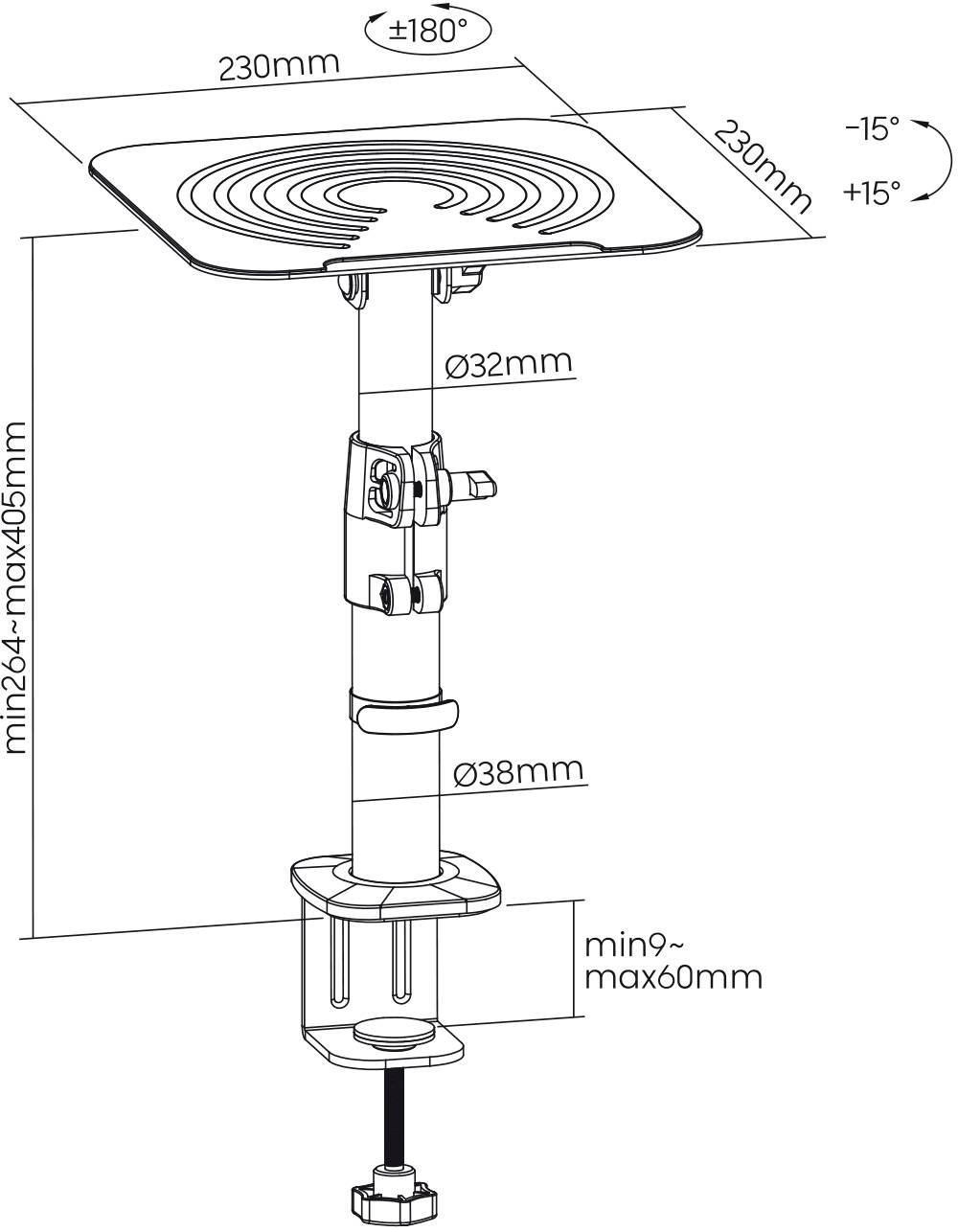 Technische Zeichnung einer höhenverstellbaren Tischhalterung. Maße und Rotationswinkel für die Halterung und Montageschraube sind angegeben.