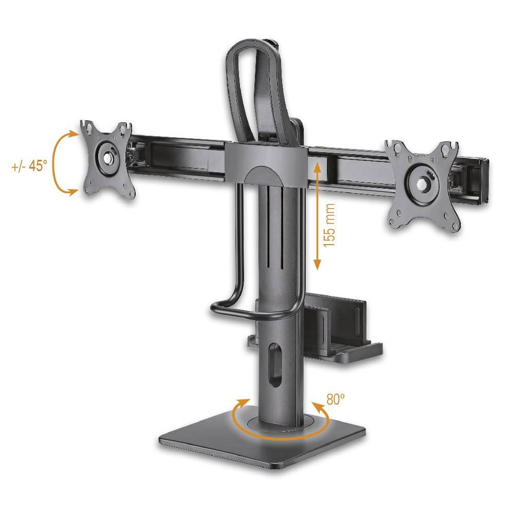 Doppelter Bildschirmhalter aus Metall mit Höhenmarkierung '155 mm' und Drehbewegungsbereich von '+/- 45°'.