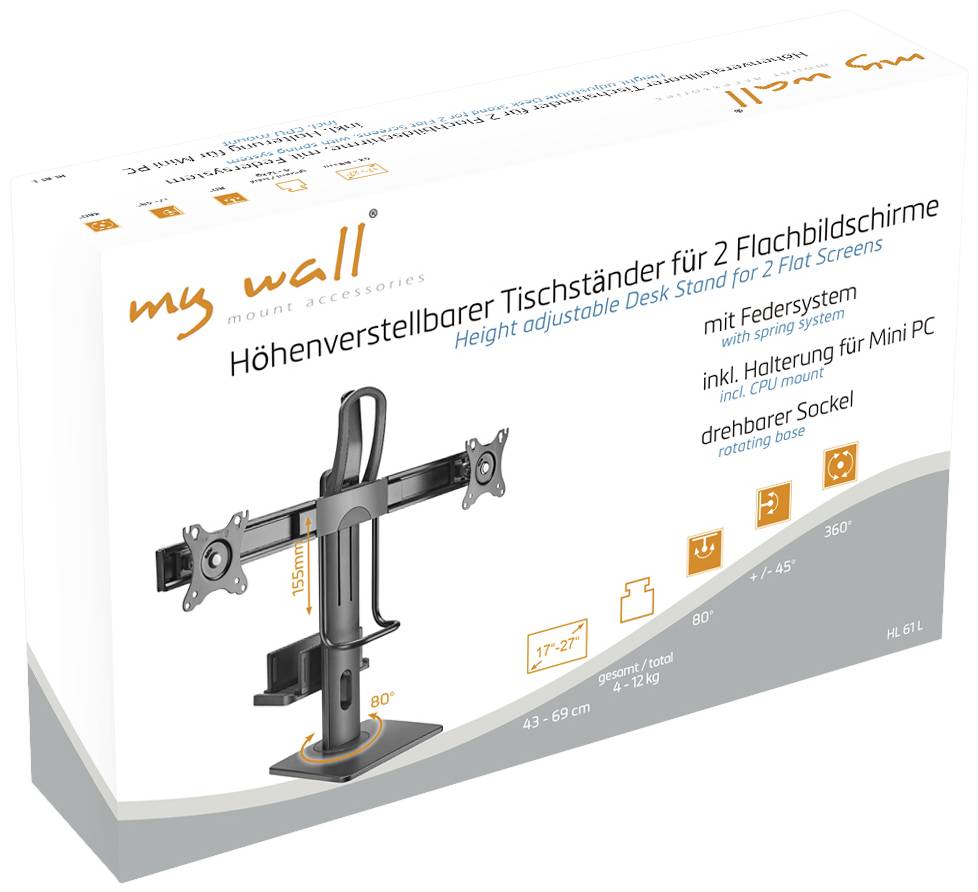 Höhenverstellbarer Tischständer für 2 Flachbildschirme, inkl. Halterung für Mini PC, my wall. Drehbar bis zu 360°.