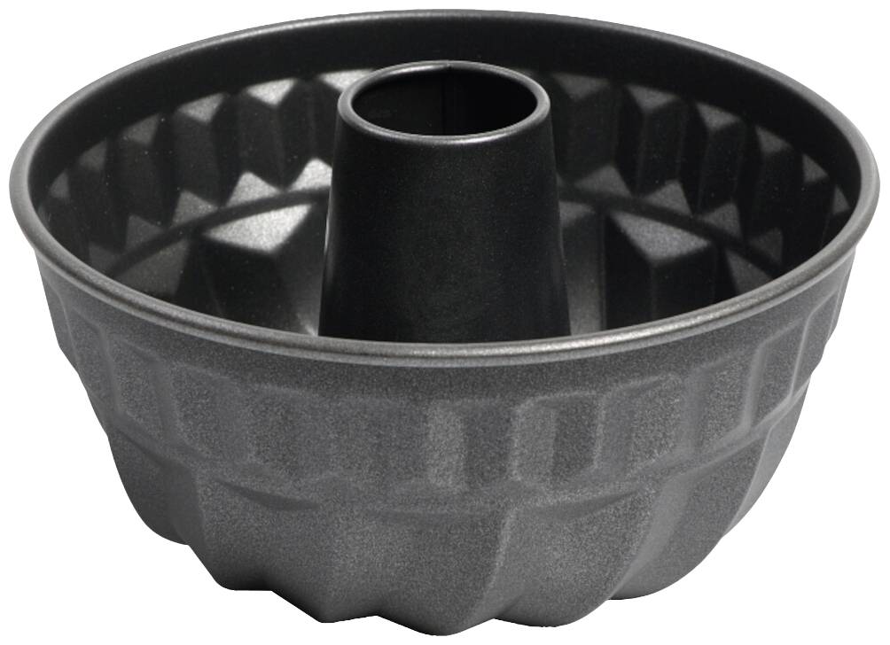 Schwarze Gugelhupfform aus Metall mit geriffeltem Rand und mittlerem Rohr für gleichmäßiges Backen.