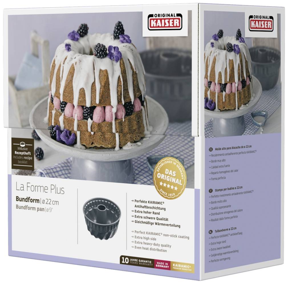 Verpackung für eine 22 cm Bundform 'La Forme Plus' von Kaiser. Mit Bild eines Kuchens mit Zuckerguss und Beeren dekoriert, inklusive Produktmerkmalen.