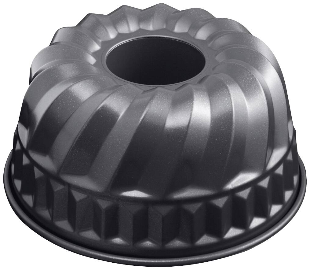 Eine runde Gugelhupf-Backform aus Metall mit gewelltem Muster und mittigem Loch, geeignet zum Backen von Kuchen und Süßspeisen.