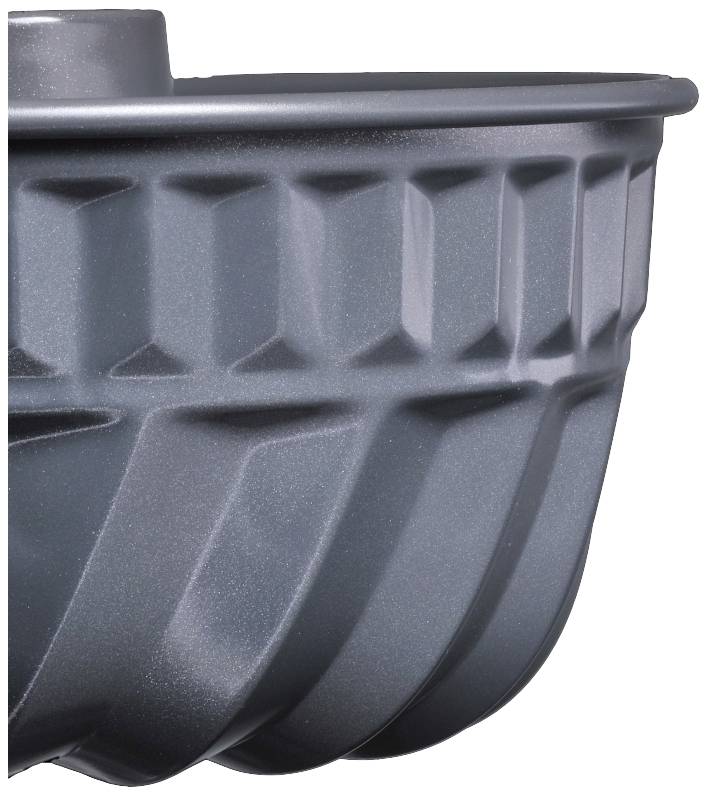 Graue Backform mit flachem Rand und strukturierten, gewellten Seiten zur Formgebung beim Backen von Kuchen.