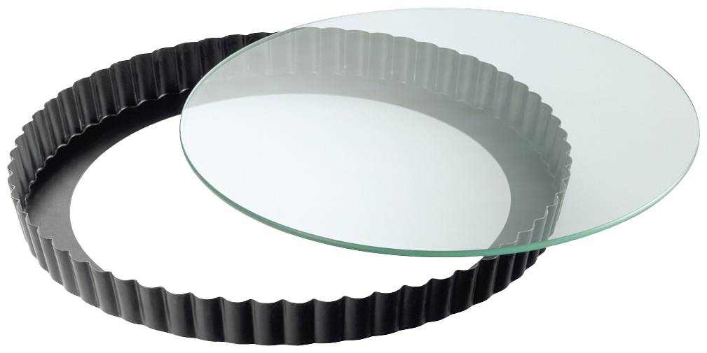 Runde Tarteform mit gewelltem Rand und herausnehmbarem Glasboden, ideal zum Backen von Tartes und Quiches.