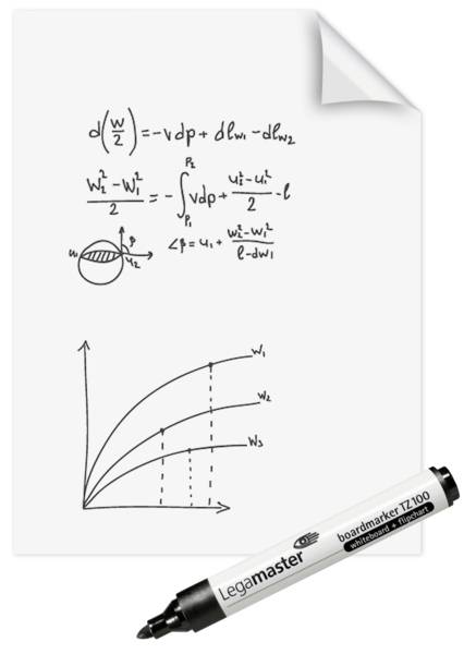 Das Bild zeigt ein Blatt Papier mit mathematischen Formeln, Skizzen und Diagrammen. Darunter liegt ein schwarzer Legamaster-Stift.