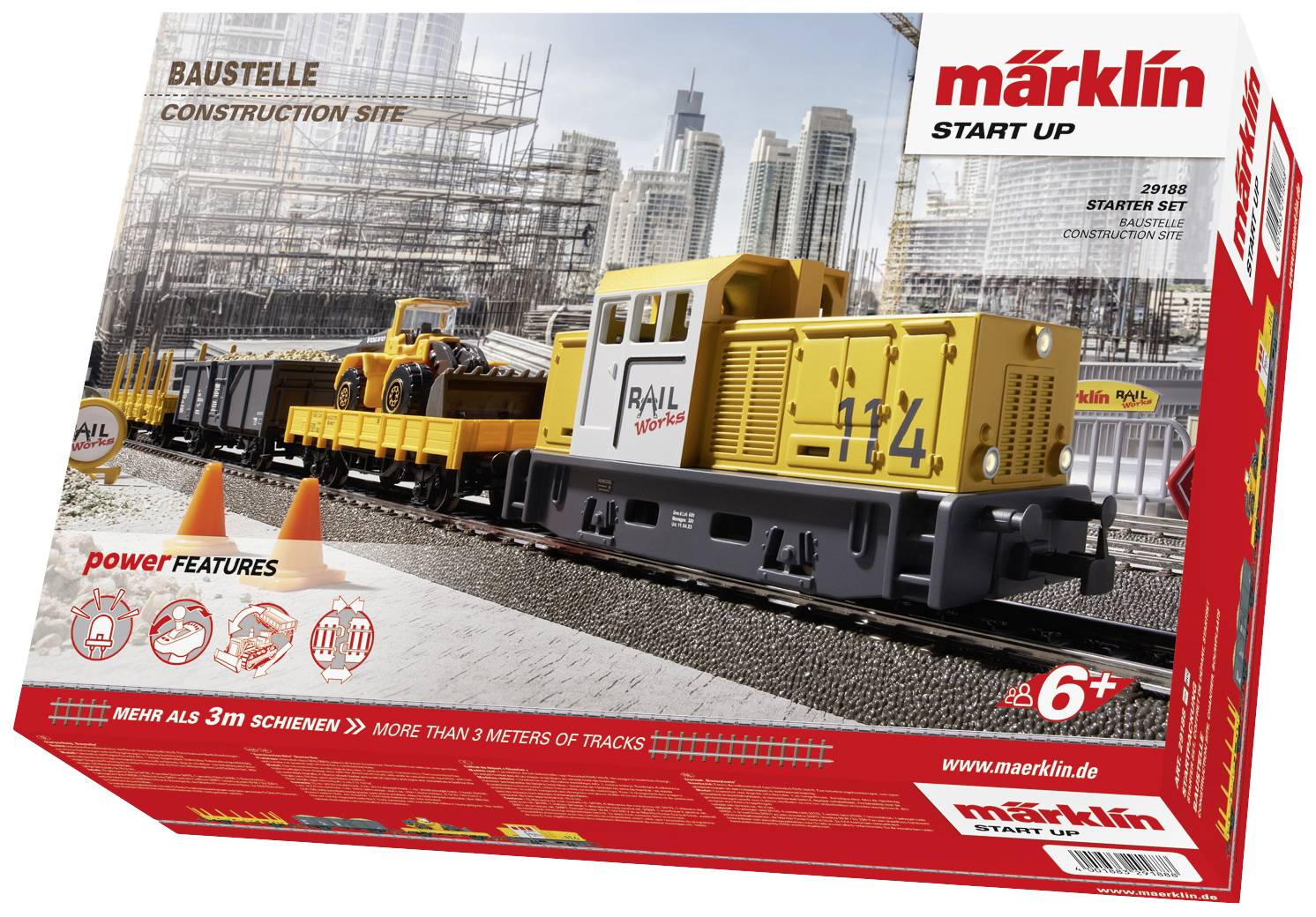 Spielzeug-Eisenbahnset 'Baustelle' für Kinder ab 6 Jahren mit gelbem Zug, Baufahrzeugen und Baustellenszene im Hintergrund.