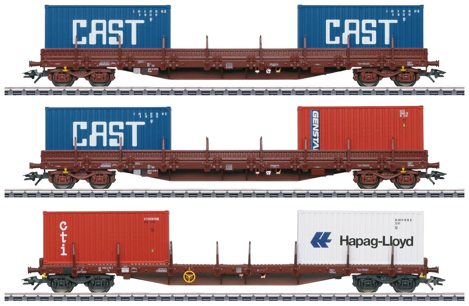 Drei Zugwaggons auf Gleisen, beladen mit farbigen Containern mit den Aufschriften 'CAST', 'cma cgm', 'cti' und 'Hapag-Lloyd'.