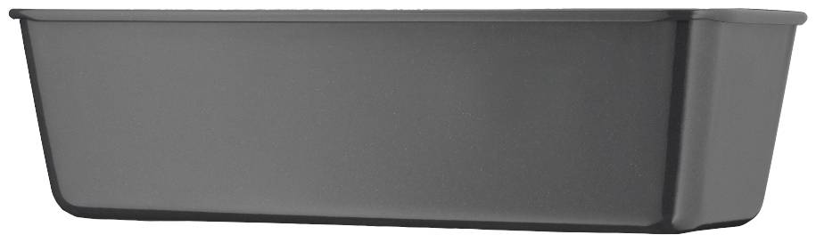 Schwarze rechteckige Metallschale mit abgerundeten Ecken, seitlicher Blick.