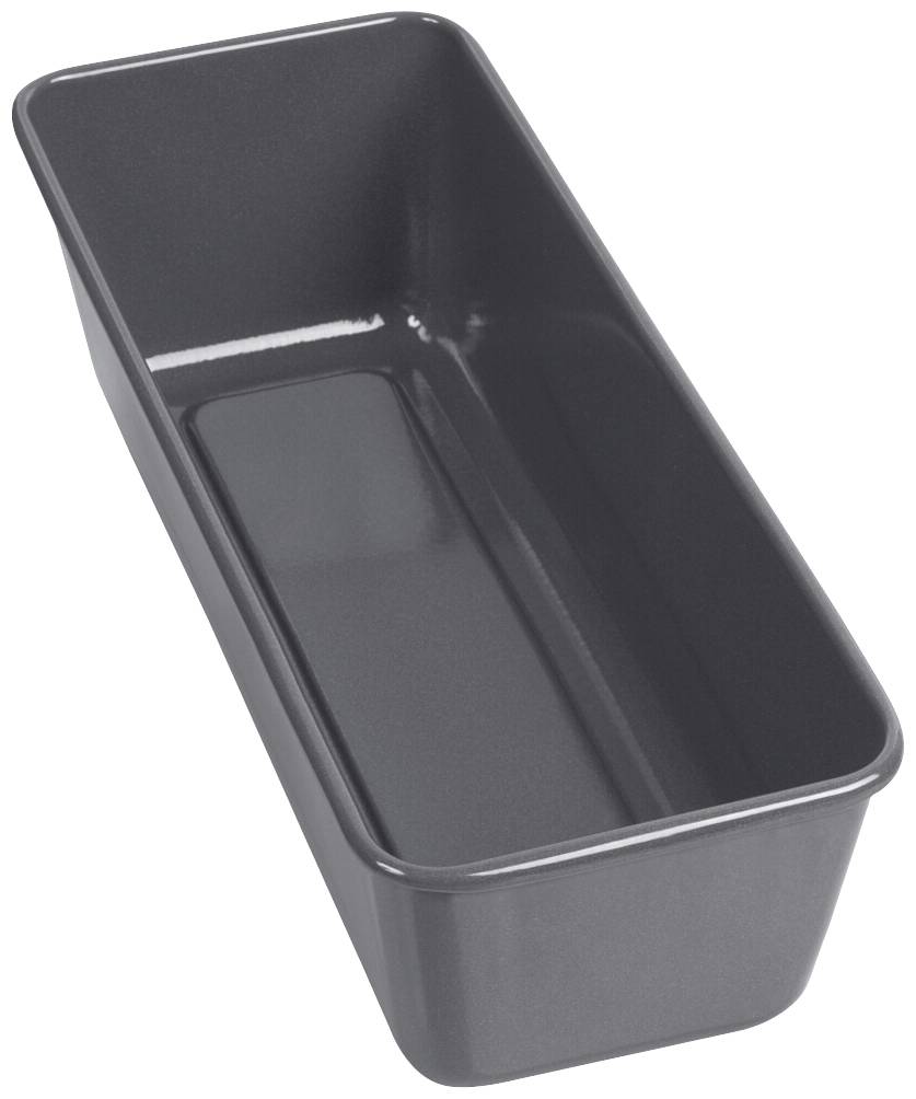 Eine schwarze, rechteckige Kastenform zum Backen. Sie hat glatte Seiten und ist innen antihaftbeschichtet.