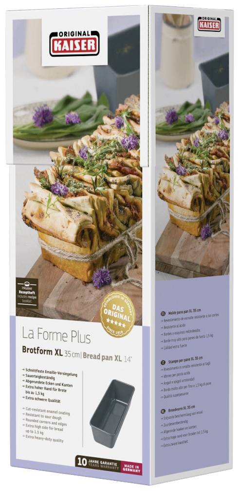 Verpackung der Brotform 'La Forme Plus' von Kaiser. Zeigt Brotscheiben auf einem Brett. Maße: 35 cm, antihaftbeschichtet, Made in Germany.