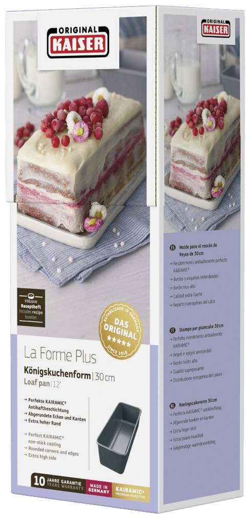 Verpackung einer Königskuchenform von Original Kaiser, 30 cm, mit Bild eines zweischichtigen Kuchens, dekoriert mit weißen und roten Beeren.