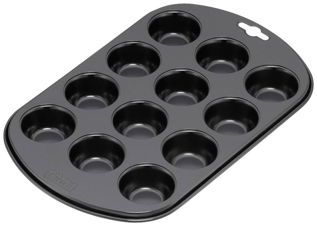 Backform mit zwölf runden Muffin-Förmchen aus schwarzem Antihaft-Material. Geeignet zum Backen von Muffins oder Cupcakes.