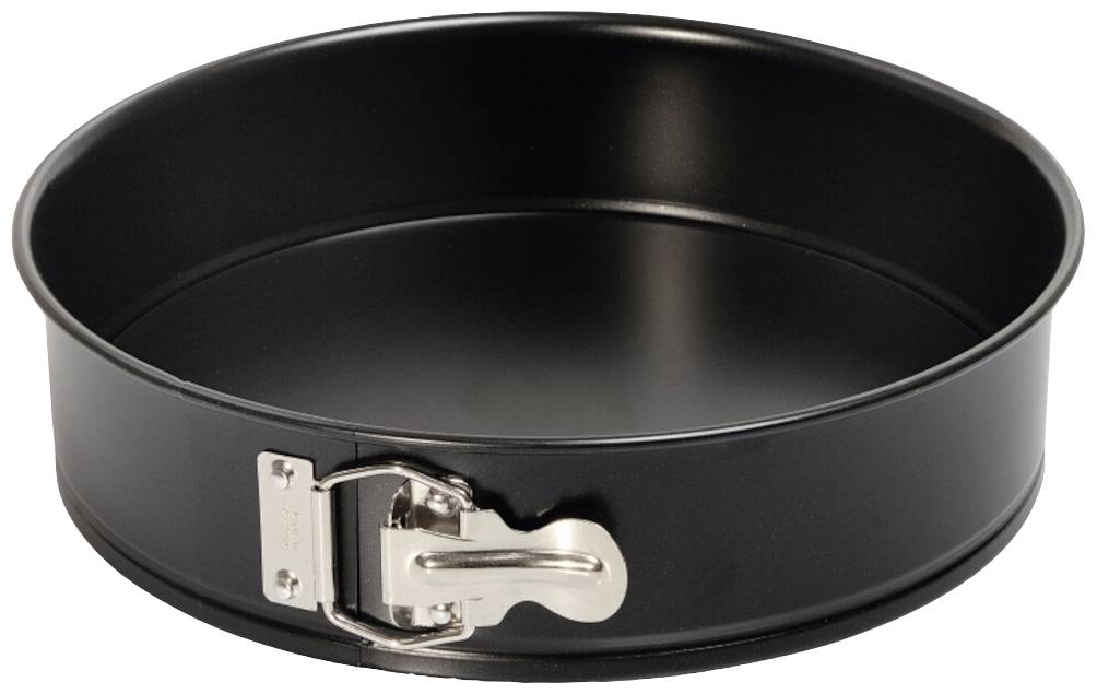 Schwarze Springform mit Metallverschluss, ideal zum Backen von Kuchen.