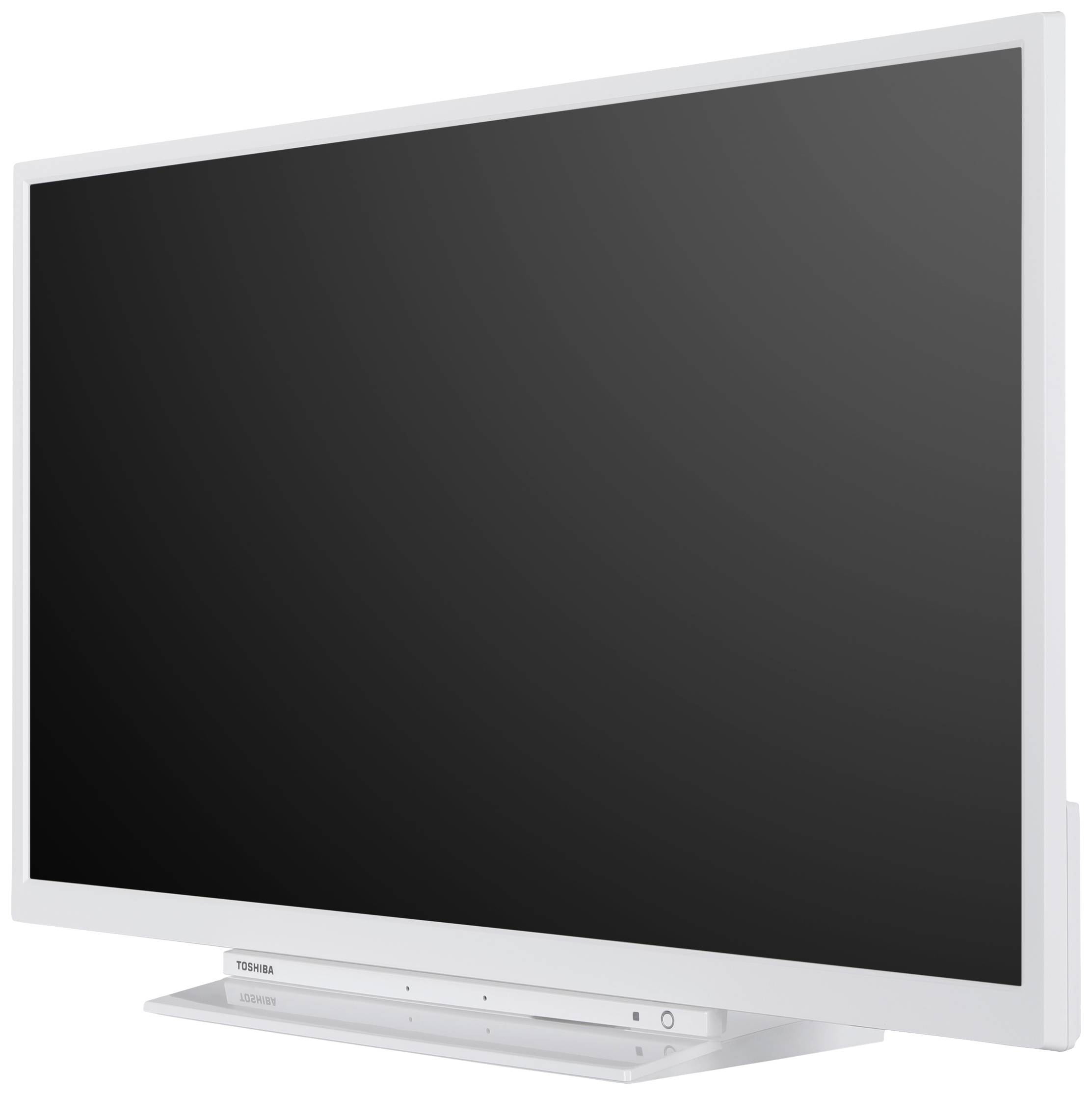 Ein moderner, weiß gerahmter Flachbildfernseher mit schwarzem Bildschirm steht auf einem Sockel.