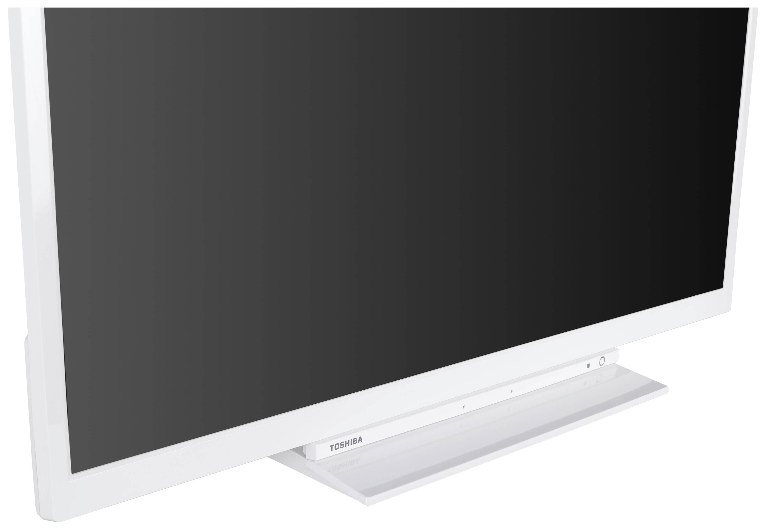 Ein weißer Flachbildfernseher von der Marke Toshiba, schräg von der Seite fotografiert, mit schwarzem Bildschirm.