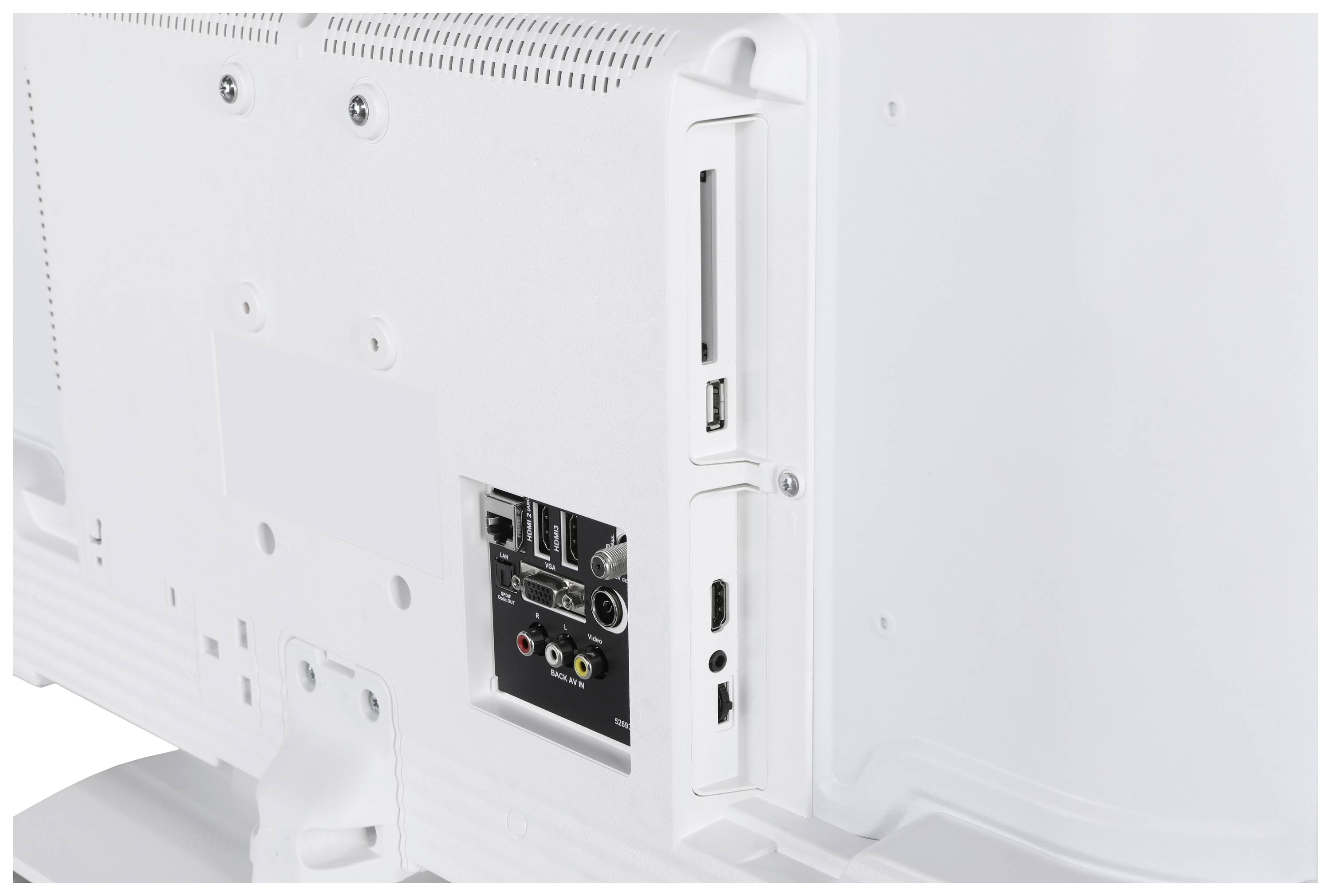 Rückseite eines weißen Fernsehers mit Anschlüssen: HDMI, USB, Audio und Video. Steckplatz für Speicherkarte und USB-Anschluss sichtbar.