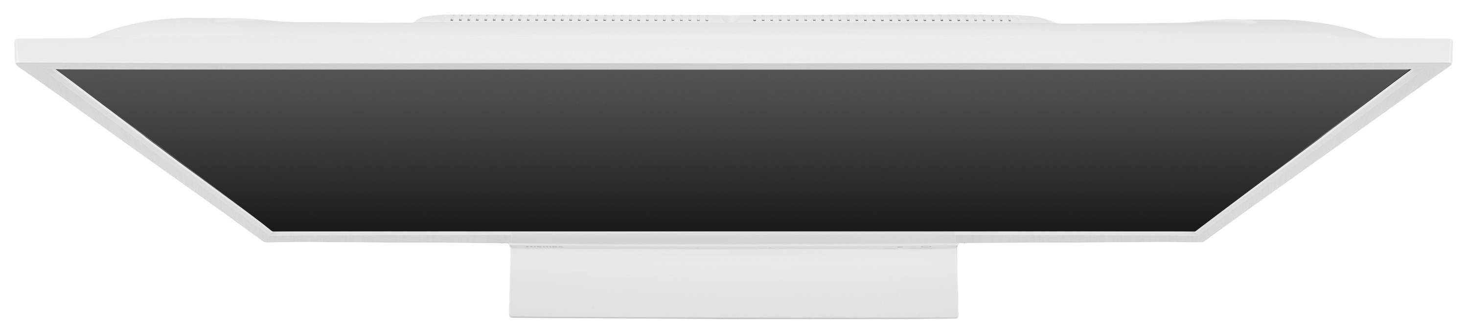 Ein Computerbildschirm von unten betrachtet, mit einem weißen Rahmen und schwarzem Display.