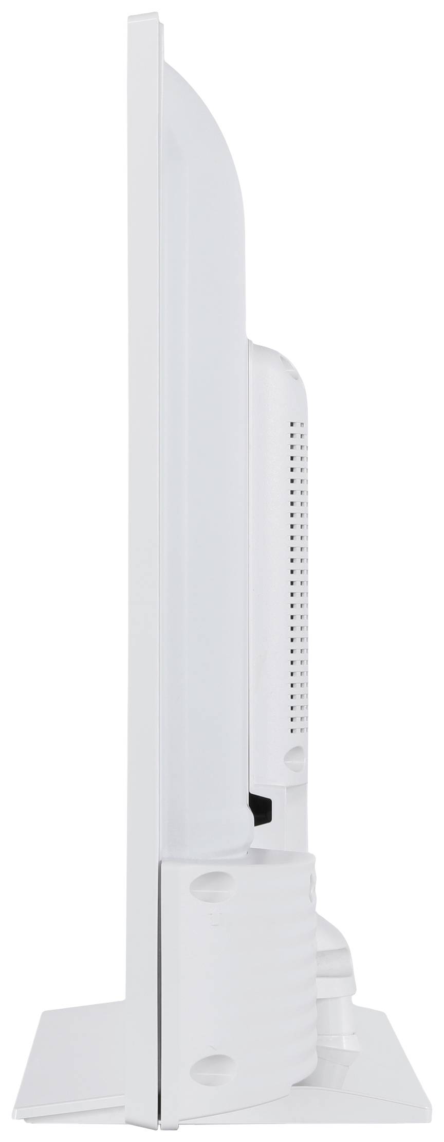 Seitenansicht eines modernen, schlanken weißen Flachbildmonitors. Bildschirm ist schmal, mit einem robusten Standfuß.