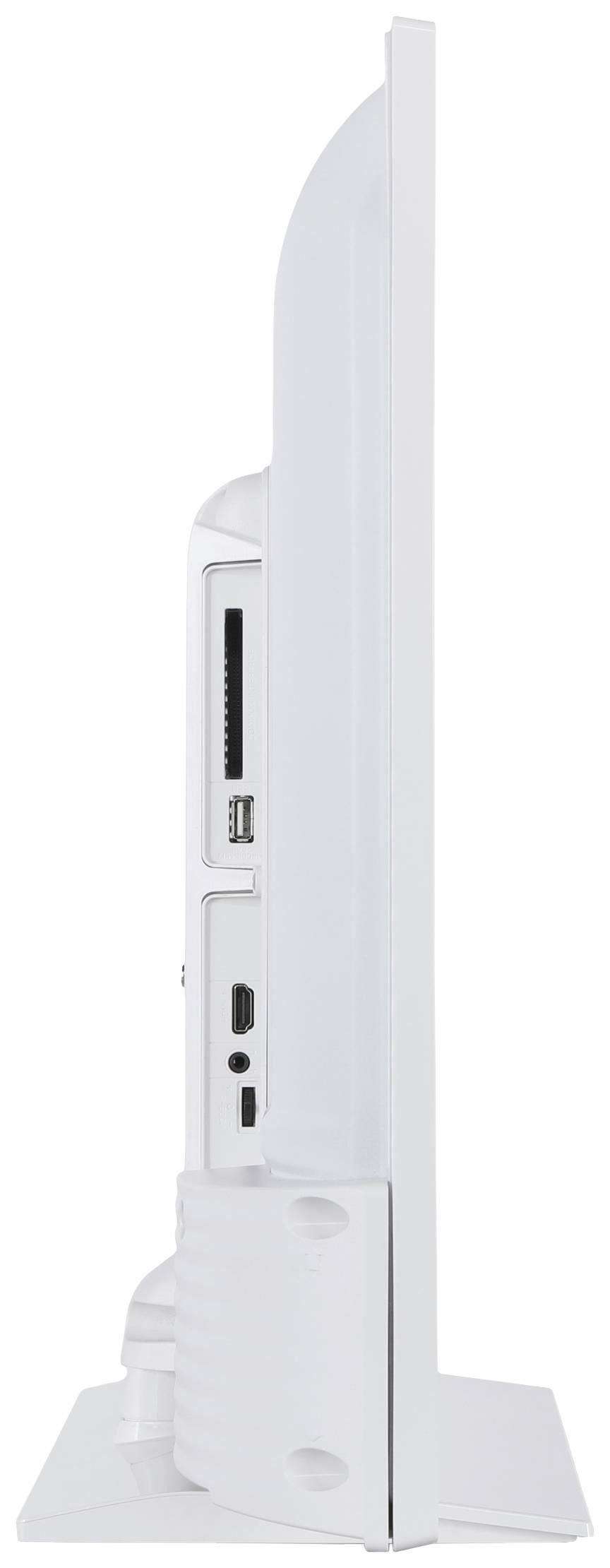 Seitenansicht eines weißen Monitors mit sichtbaren Anschlüssen wie USB und HDMI. Das Gerät steht auf einem festen Ständer.