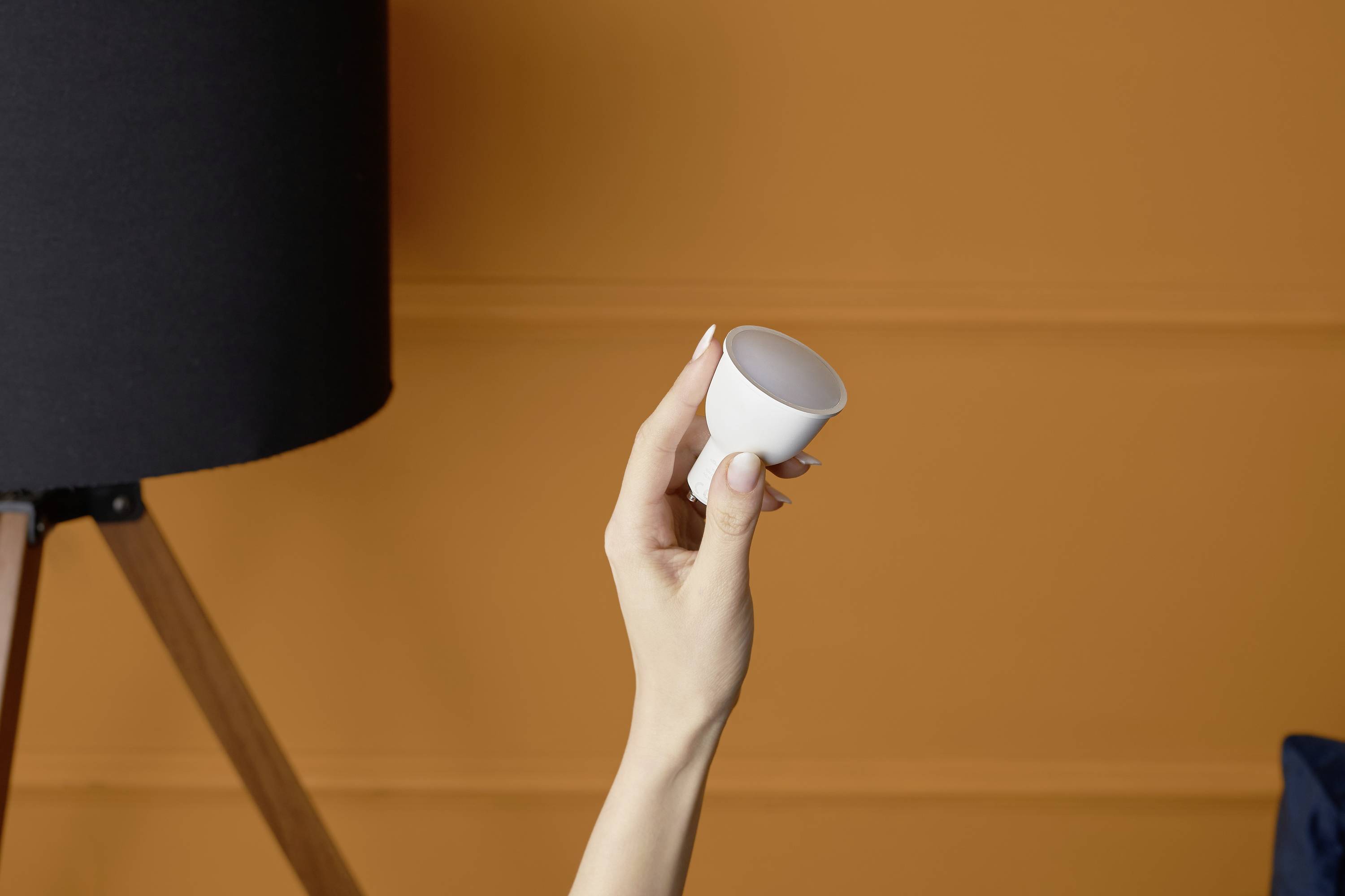 Eine Hand hält eine kleine weiße Tasse vor einem orangefarbenen Hintergrund. Links steht eine schwarze Lampe auf Holzbeinen.